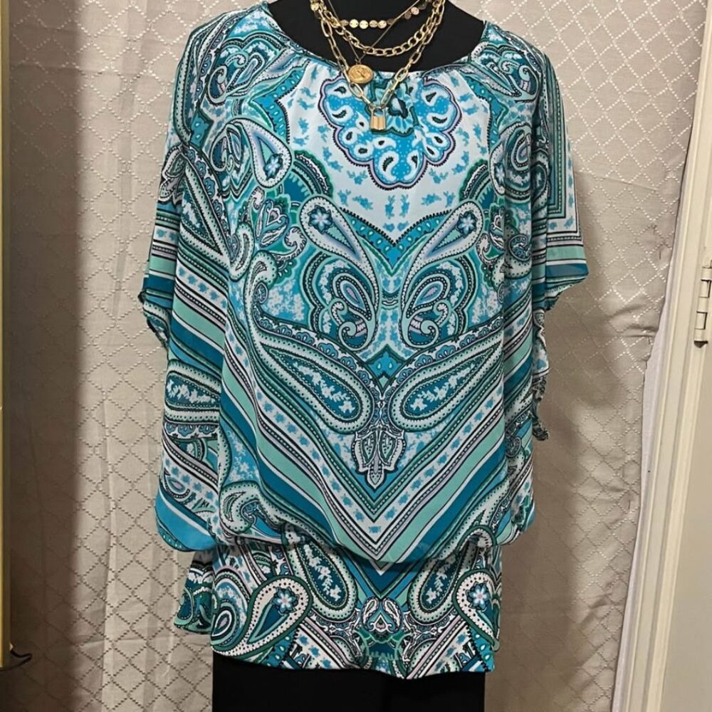 JM Collection Turquoise Sheer Flare Blouse